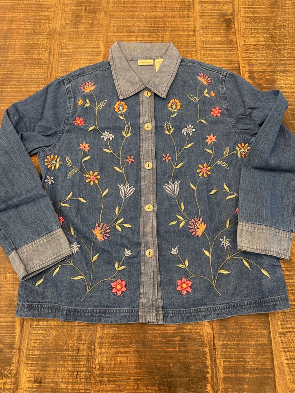 Bobbie Brooks Denim Button-Down Shirt with Multicolor Floral Embroidery